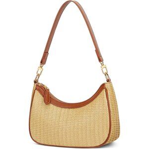 Women's Khaki Straw Cute Gold Chain Strap Zippered Pocket Underarm Hobo Purses